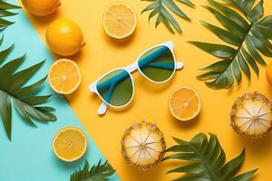 Summer background sunglasses lemon leaves flat lay. Generative AI. photo