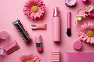 Beautiful composition with cosmetics fruits flowers on pink background, flat lay. Generative AI. photo