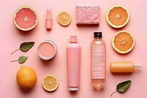Beautiful composition with cosmetics fruits flowers on pink background, flat lay. Generative AI. photo
