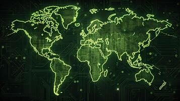 World map green pcb texture background. Generative AI. photo