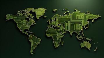 World map green pcb texture background. . photo