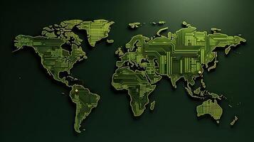 World map green pcb texture background. Generative AI. photo