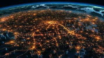 World map satellite picture, view of city lights background. Generative AI. photo