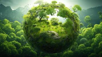 World map green planet world map trees background. Generative AI. photo