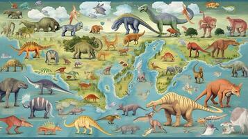World map dinosaur age background. Generative AI. photo