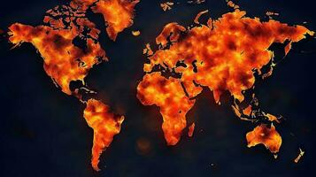 World map on fire background. Generative AI. photo