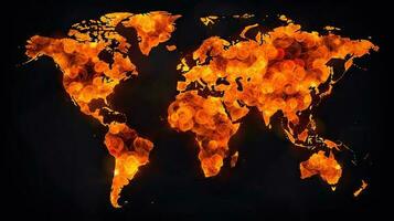 World map on fire background. Generative AI. photo