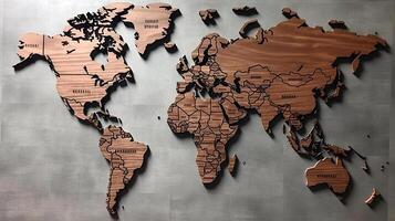 World map wooden background. Generative AI. photo