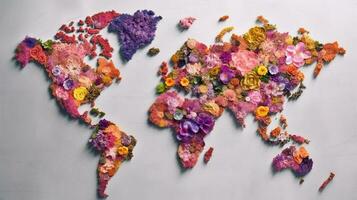mundo mapa en flores antecedentes. generativo ai. foto