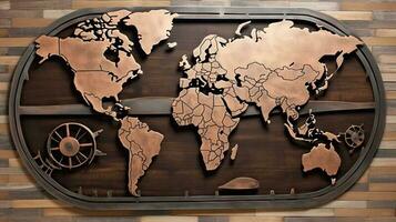 World map wooden background. Generative AI. photo