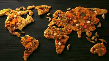 mundo mapa en comida antecedentes. generativo ai. foto