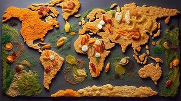 mundo mapa en comida antecedentes. generativo ai. foto