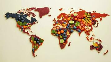 World map in fruits background. Generative AI. photo