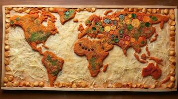 World map pizza background. Generative AI. photo