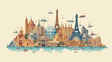 World map travel monuments background. . photo