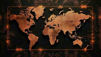 World map digital tech background. Generative AI. photo
