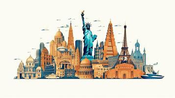 World map travel monuments background. . photo