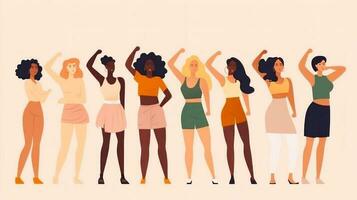 Women with different body shapes. Illustration in flat cartoon style. Generative AI. photo