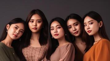 Group of asian women with different color clothes, beauty and fashion concept. Generative AI. photo