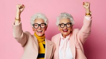 happy senior women in eyeglasses showing yes gesture isolated on pink. Generative AI. photo