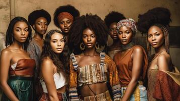 grupo de africano mujer con afro peinado posando a estudio. generativo ai. foto