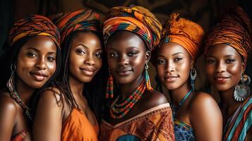 grupo de hermosa africano en tradicional ropa posando en África. generativo ai. foto