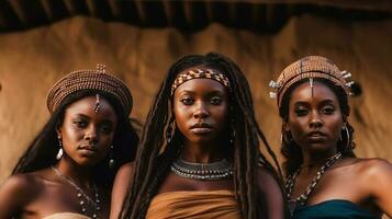 portrait of three african women with braids looking at camera. Generative AI. photo