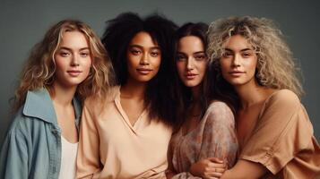 Group of multiethnic women with different skin color posing together in studio. . photo