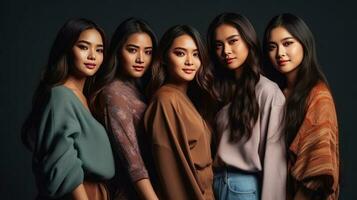 group of beautiful asian women looking at camera isolated on black background. Generative AI. photo
