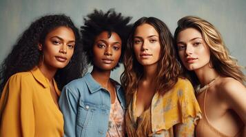 Group of four beautiful african american and caucasian women in casual clothes. Generative AI. photo