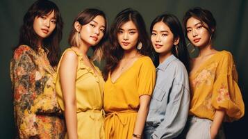 Group of beautiful young asian women in fashion clothes posing in studio. Generative AI. photo