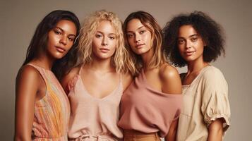 Group of multiethnic women posing in studio, looking at camera. . photo