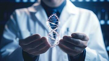 Doctor hold human DNA molecular structure. Generative AI. photo