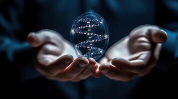 Man hold human DNA molecular structure. . photo