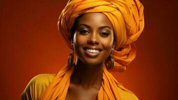 Beautiful african american woman in turban on orange background. Generative AI. photo
