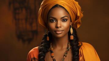 Beautiful african american woman in orange turban on brown background. Generative AI. photo