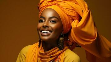 Beautiful african american woman in orange turban on brown background. Generative AI. photo