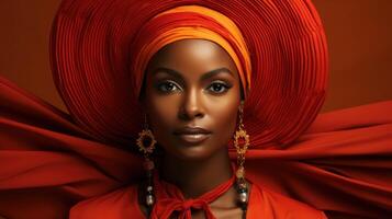 Beautiful african american woman in red turban. Fashion photo. Generative AI. photo