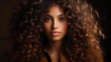 retrato de un hermosa joven mujer con afro Rizado cabello. generativo ai. foto