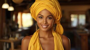 hermosa africano americano mujer en amarillo turbante a hogar. generativo ai. foto