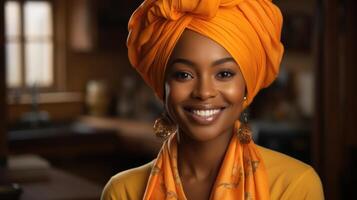 retrato de hermosa africano americano mujer con naranja turbante. generativo ai. foto