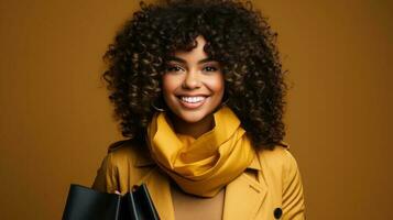 happy african american woman in yellow coat and scarf with shopping bags. Generative AI. photo