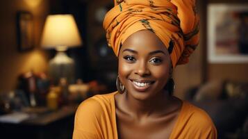 Portrait of beautiful dult african american woman with orange headscarf. Generative AI. photo