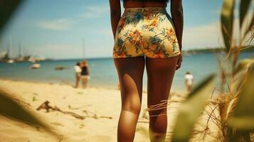 espalda ver de un hermosa joven mujer en un floral traje de baño en el playa. generativo ai. foto
