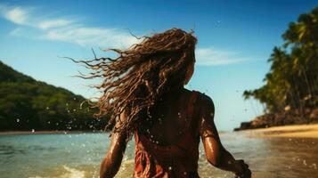 joven mujer con mojado pelo corriendo en el playa a puesta de sol. vacaciones concepto. generativo ai. foto