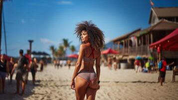 hermosa africano americano mujer en bikini en el playa. generativo ai. foto