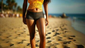 recortado ver de un hermosa joven africano americano mujer en un traje de baño posando en el playa. generativo ai. foto