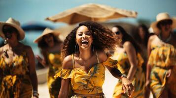 Group of happy african american young women dancing on beach. Hen party in yellow dresses. . photo