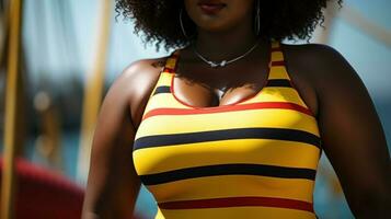 Close-up of a sexy african american woman in a swimsuit. Generative AI. photo