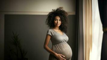 Beautiful pregnant african american woman with curly hair at home. Generative AI. photo